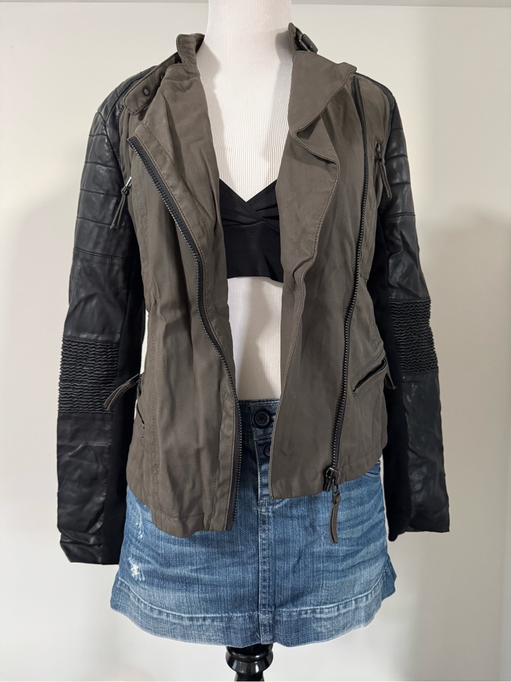 Blank NYC Olive Green biker Jacket with Black Faux Leather Sleeves